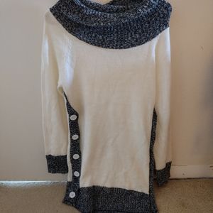 White and grey turtleneck mini sweater dress